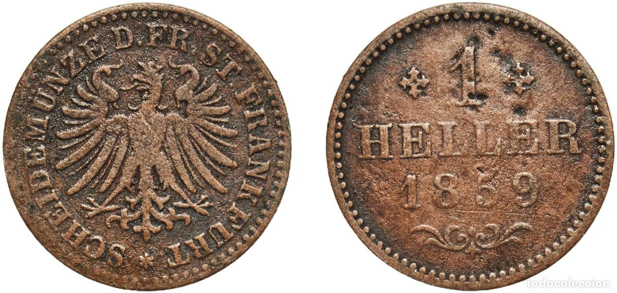 Monedas antiguas de Europa: Germany Free imperial city of Frankfurt German states 1859 1 Heller Copper (377000) 1.07g VF AKS 3