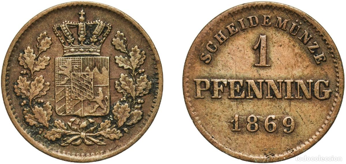 Monedas antiguas de Europa: Germany Kingdom of Bavaria German states 1869 1 Pfenning - Maximilian II Copper Munich Mint (147400