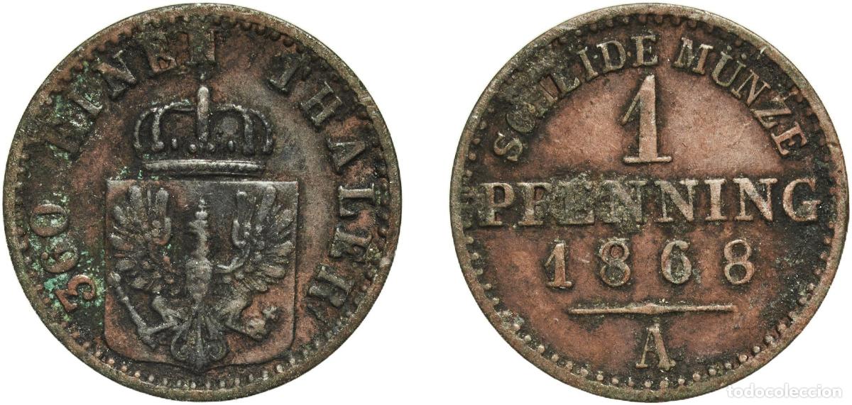 Monedas antiguas de Europa: Germany Kingdom of Prussia German states 1868 A 1 Pfenning - Wilhelm I Copper Berlin Mint 1.4g VF
