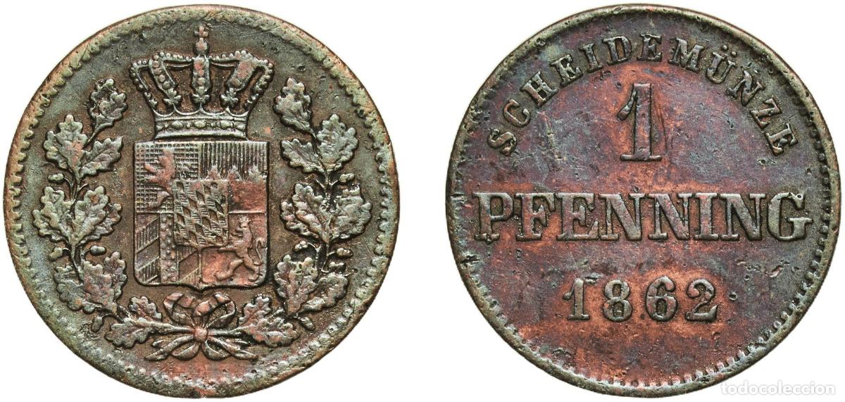 Monedas antiguas de Europa: Germany Kingdom of Bavaria German states 1862 1 Pfenning - Maximilian II Copper Munich Mint 1.16g V