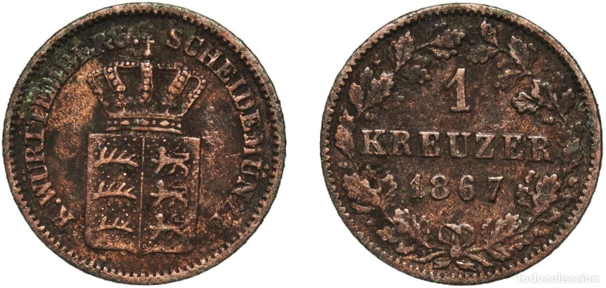 Monedas antiguas de Europa: Germany Kingdom of W&uuml;rttemberg Kingdom of W&uuml;rttemberg German States 1867 1 Kreuzer - Karl I Billon