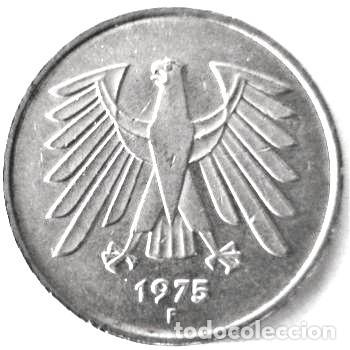 Alte M&uuml;nzen aus Europa: ALEMANIA (1948-1989) - 5 DEUTSCHEMARK 1975 F - A - 10 GR. COBRE-NICKEL - DIAM 29 mm - KM#140.1 - MB