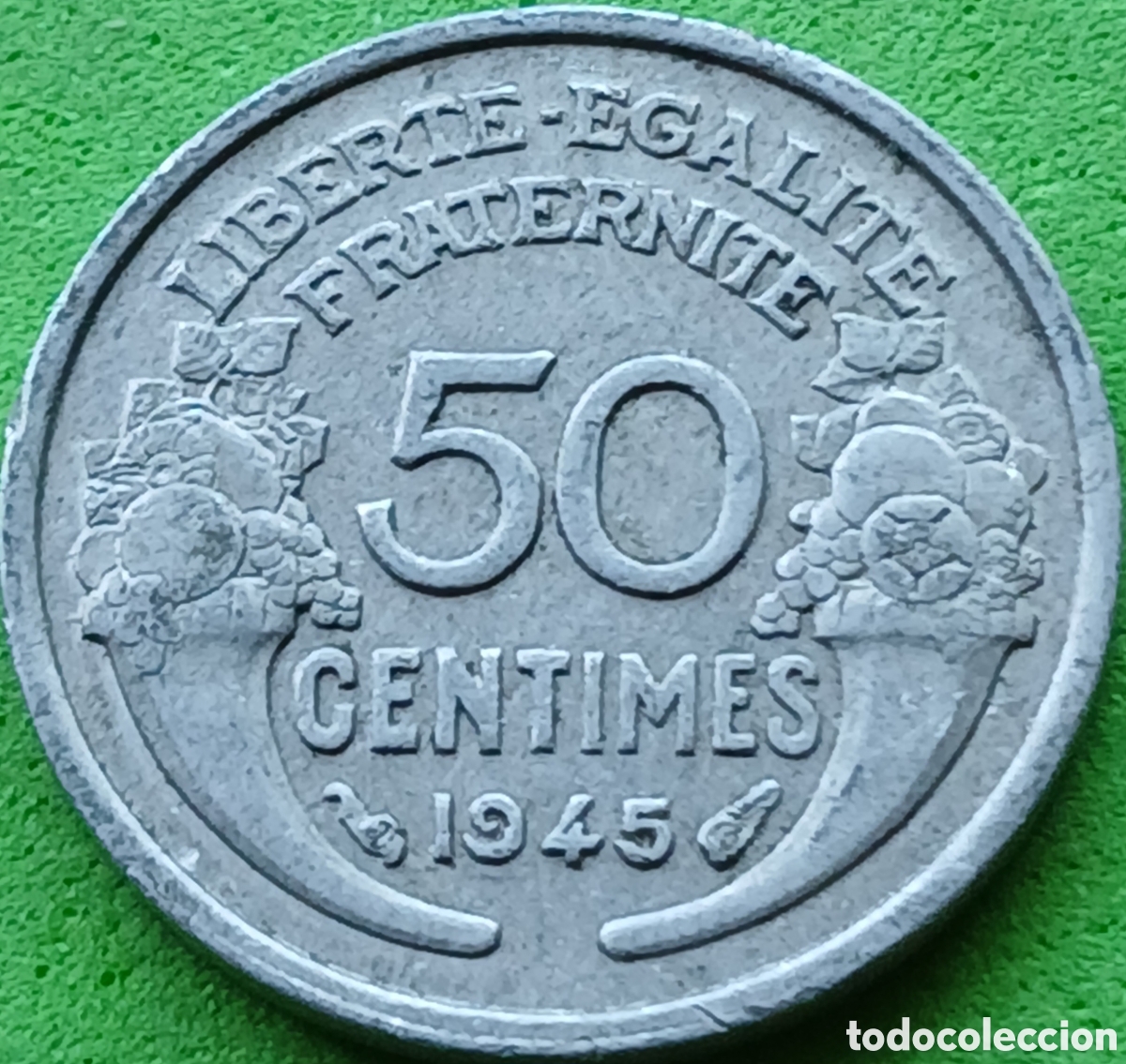 Monedas antiguas de Europa: Francia 50 c&eacute;ntimos 1945 km#894a sin marca de ceca