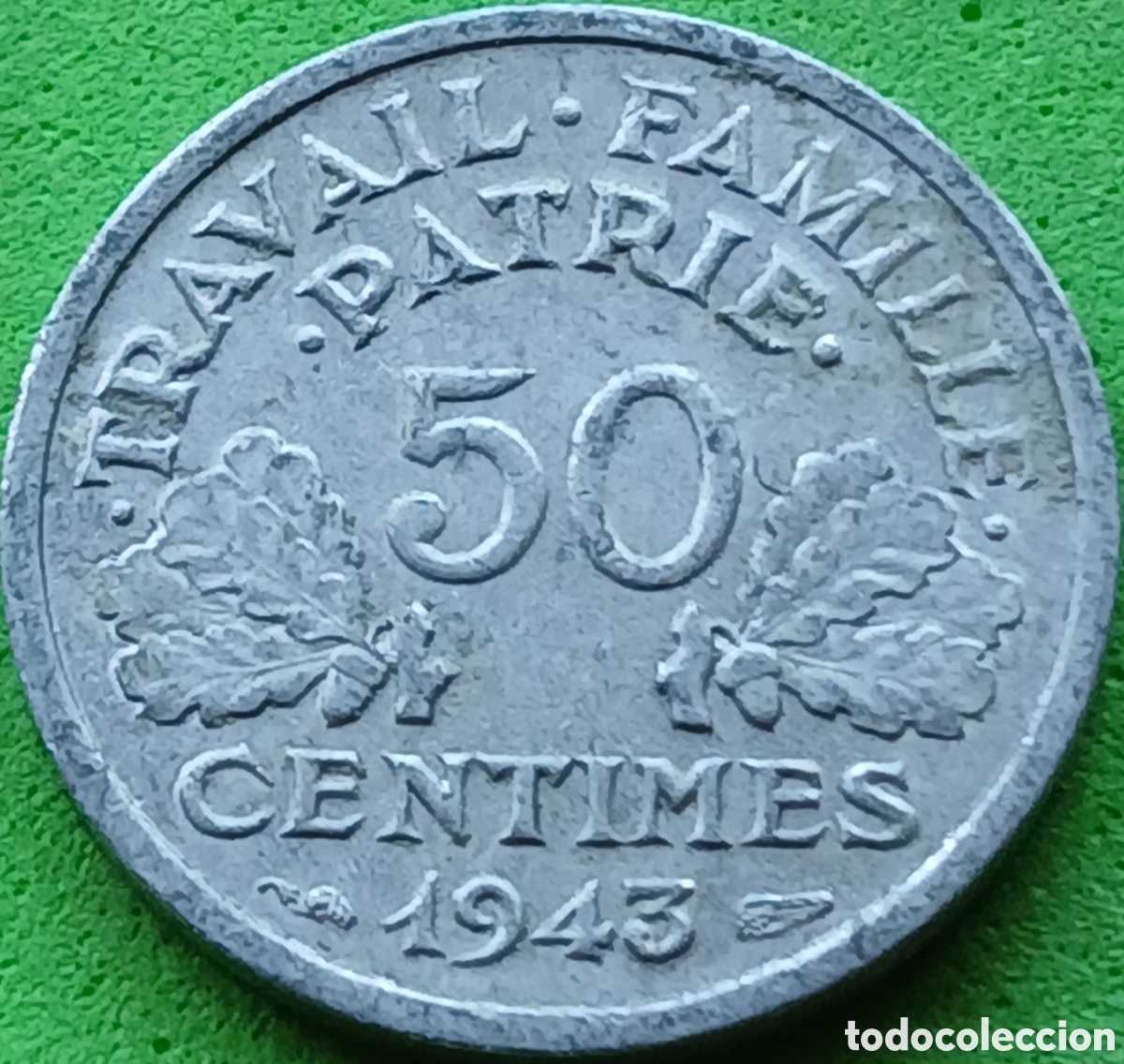 Monedas antiguas de Europa: Francia 50 c&eacute;ntimos 1943 km#914 sin marca de ceca