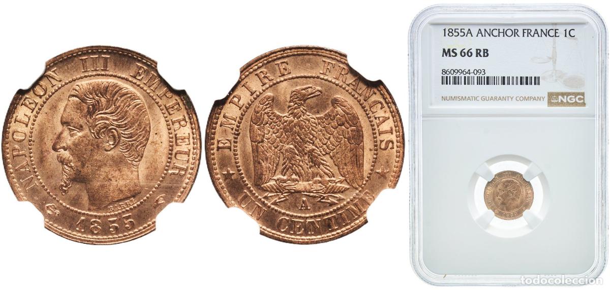 Monedas antiguas de Europa: France empire 1855 A 1 Centime (Napoleon III, nude head) &rdquo;The only finest graded example in NGC rec
