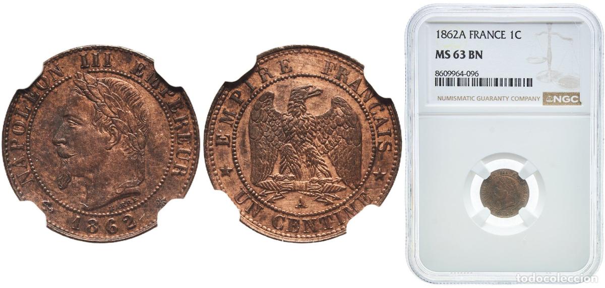 Monedas antiguas de Europa: France empire 1862 A 1 Centime - Napoleon III Bronze Paris Mint (15363042) 1g NGC MS 63 Franc 2014