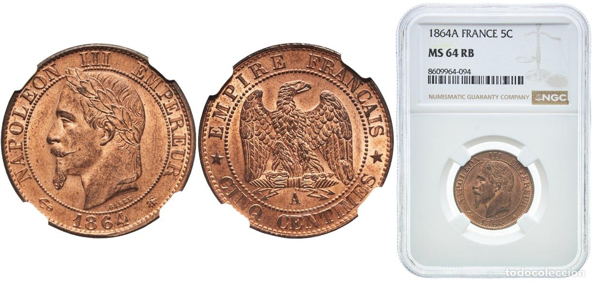 Monedas antiguas de Europa: France empire 1864 A 5 Centimes - Napoleon III &rdquo;NGC records show only one example graded higher.&rdquo; B