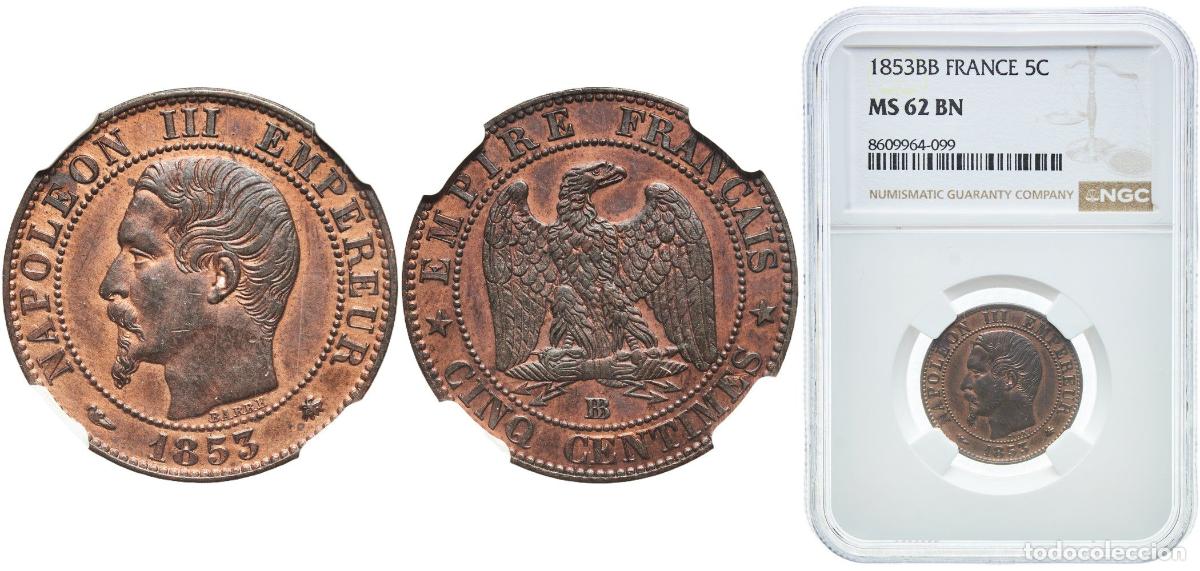 Monedas antiguas de Europa: France empire 1853 BB 5 Centimes - Napoleon III &rdquo;NGC records show only one example graded higher.&rdquo;