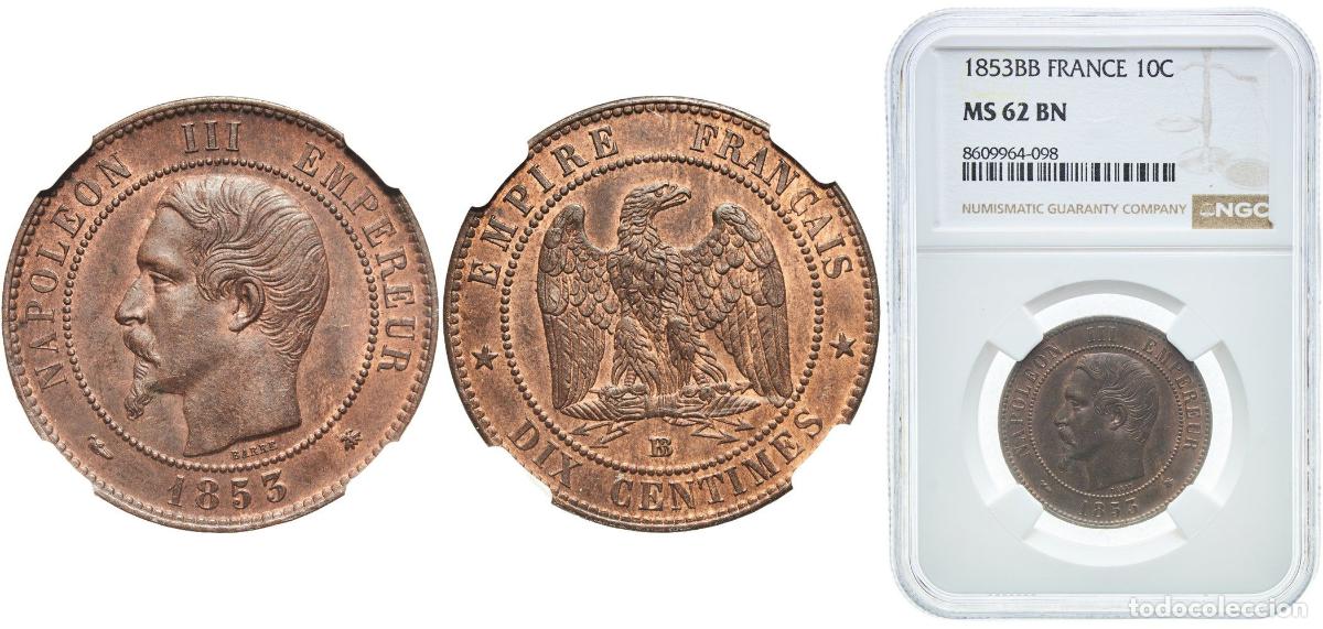 Monedas antiguas de Europa: France Second Empire 1853 BB 10 Centimes - Napoleon III Bronze Strasbourg Mint (4630090) 10g NGC MS