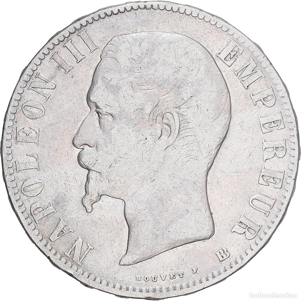 Monedas antiguas de Europa: [#849947] Moneda, Francia, Napoleon III, 5 Francs, 1855, Strasbourg, BC+, Plata, KM:782.2