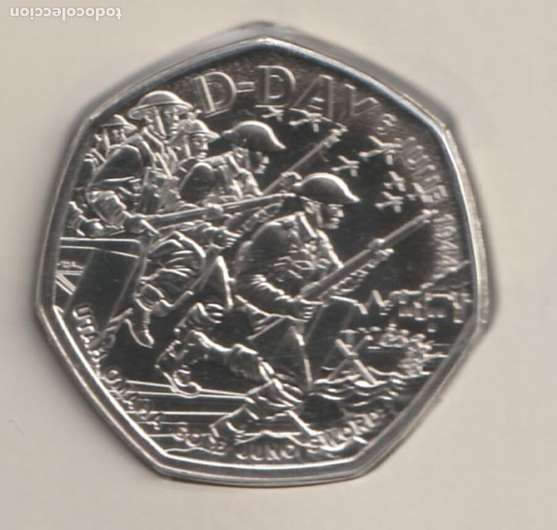 Monedas antiguas de Europa: Inglaterra cartera oficial 50 peniques 2024 + 1 penny 1944, D-Day