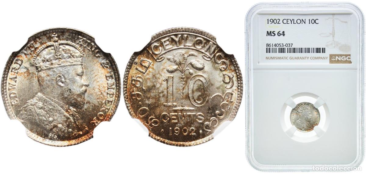 Monedas antiguas de Europa: Sri Lanka British Ceylon colony 1902 10 Cents - Edward VII Wonderful patina Silver (.800) Royal Min