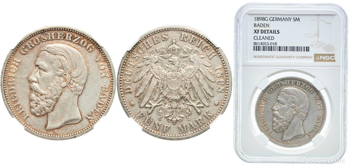 Monedas antiguas de Europa: Germany Grand Duchy of Baden Second Empire 1898 G 5 Mark - Frederick I Slight patina Silver (.900)
