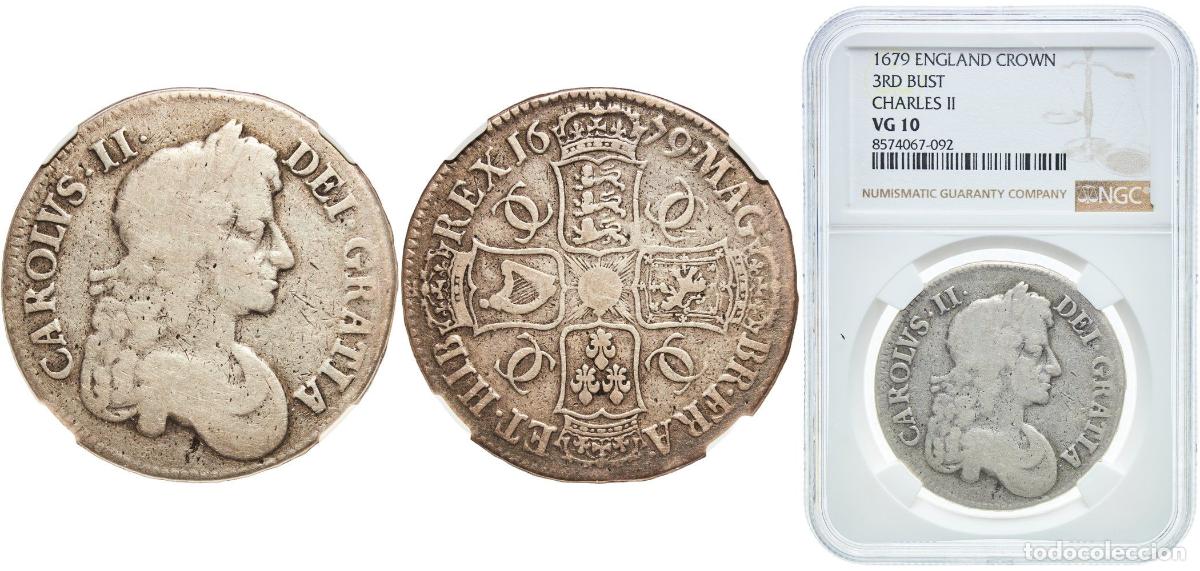 Monedas antiguas de Europa: Great Britain England Kingdom 1679 1 Crown - Charles II (3rd bust) Silver (.925) 30.1g NGC VG 10 S