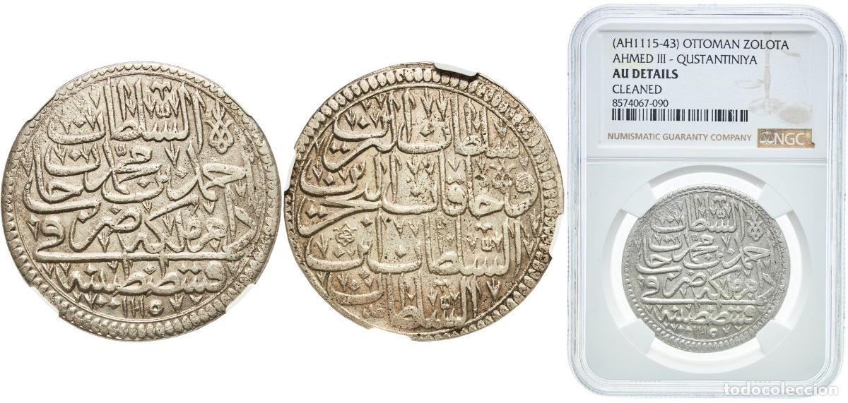 Monedas antiguas de Europa: Ottoman Empire AH1115 - AH1143 Zolota - Ahmed III (Kostantiniyye) Billon (.465 silver) Konstantiniy