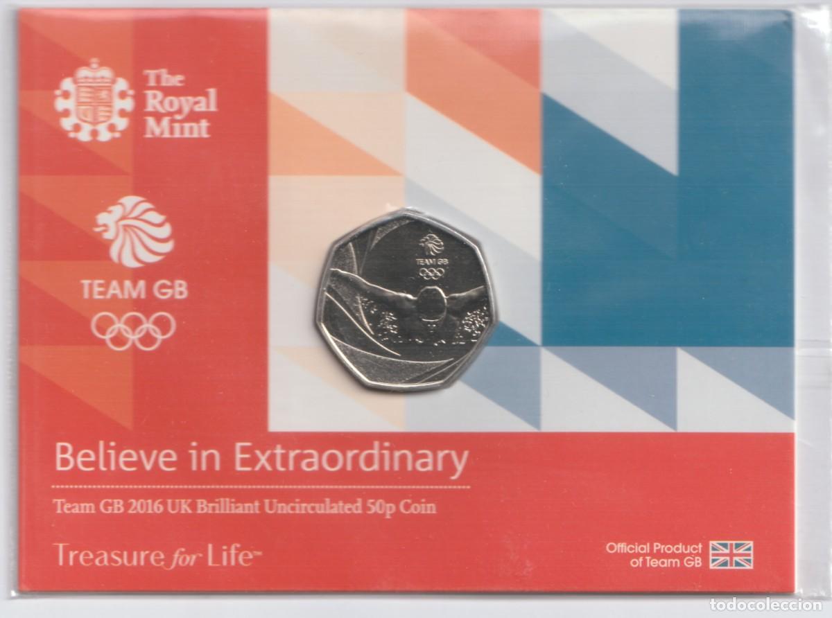 Monedas antiguas de Europa: Inglaterra 50 pence 2016 en cartera oficial, Equ&iacute;po Nataci&oacute;n
