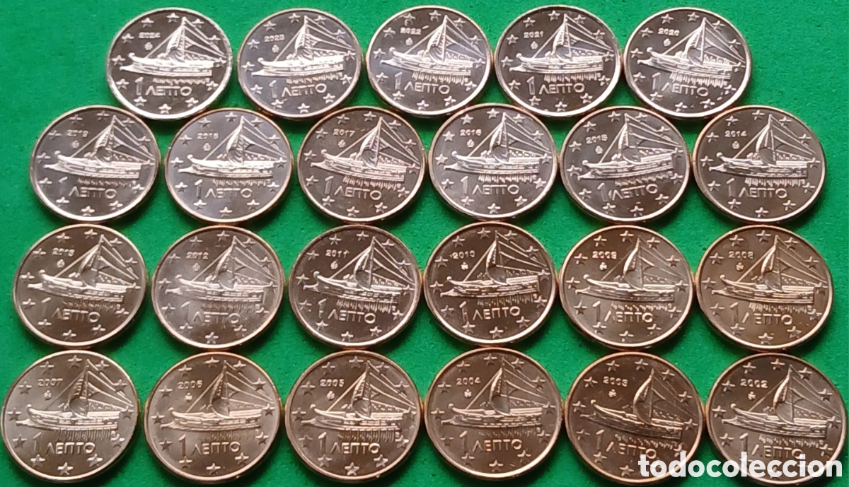 Monedas antiguas de Europa: Grecia 1 c&eacute;ntimo 2002 - 2024. Lote 23 monedas diferentes fechas. Km#181