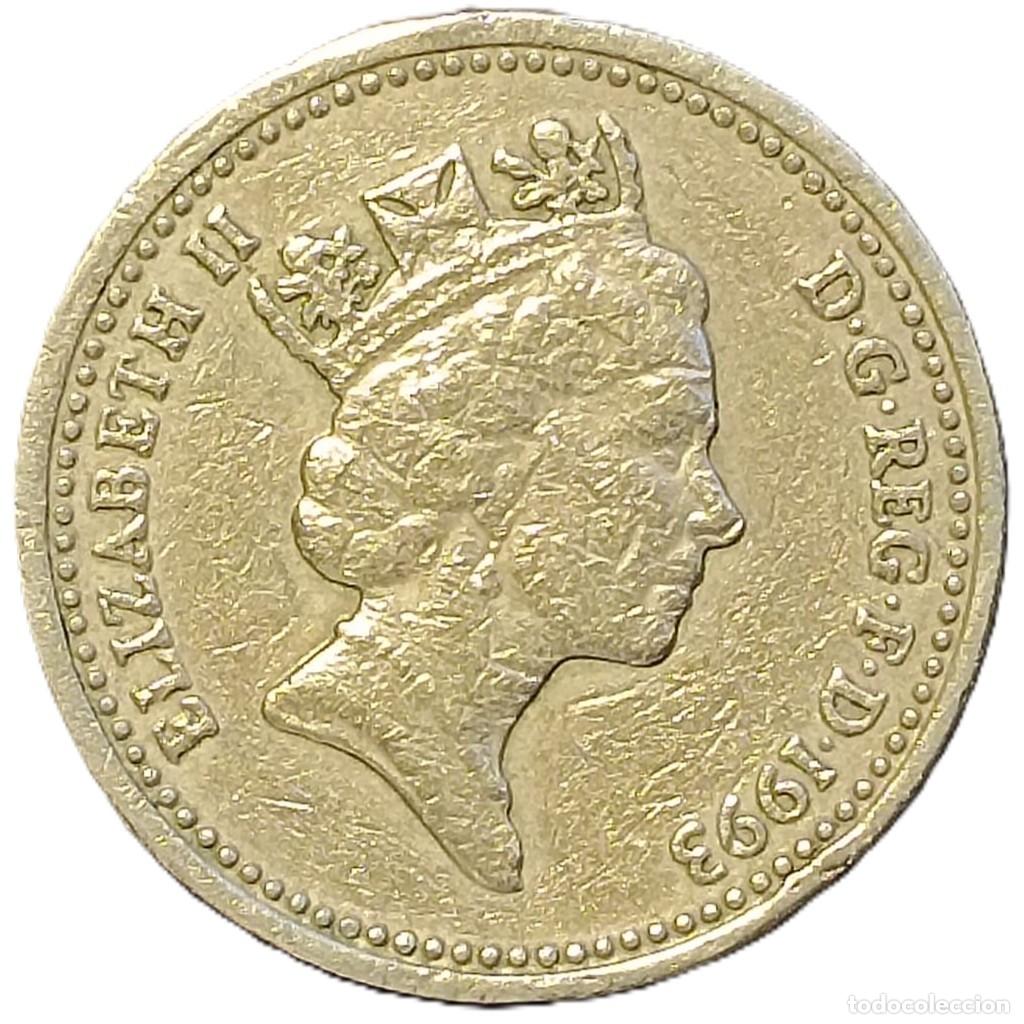Monedas antiguas de Europa: REINO UNIDO (INGLATERRA) 1 LIBRA -1993- KM#964. CIRCULADA (BC+). 3&ordm; RETRATO. REVERSO: Armas reales