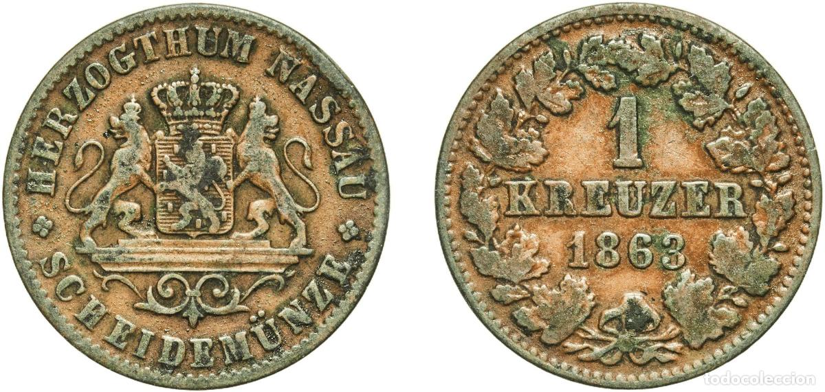 Monedas antiguas de Europa: Germany Duchy of Nassau German states 1863 1 Kreuzer - Adolphe Copper Wiesbaden Mint (575860) 4.27g