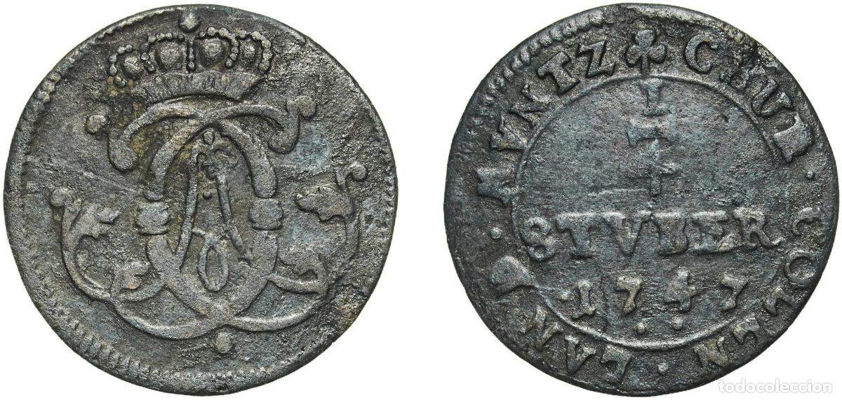 Monedas antiguas de Europa: Germany Archbishopric of Cologne German states 1747 &frac14; St&uuml;ber - Clemens August Copper 1.61g VF KM 1