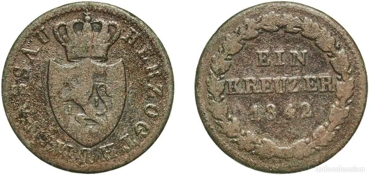 Monedas antiguas de Europa: Germany Duchy of Nassau German states 1842 1 Kreuzer - Adolph Copper Wiesbaden Mint (479800) 3.68g