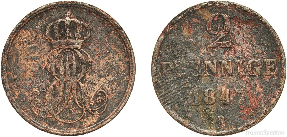 Monedas antiguas de Europa: Germany Kingdom of Hannover Kingdom of Hannover German States 1847 B 2 Pfennige - Ernest August Cop