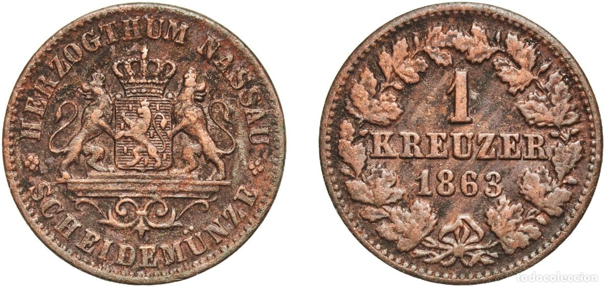 Monedas antiguas de Europa: Germany Duchy of Nassau German states 1863 1 Kreuzer - Adolphe Copper Wiesbaden Mint (575860) 4.19g