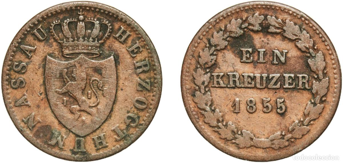 Monedas antiguas de Europa: Germany Duchy of Nassau German states 1855 1 Kreuzer - Adolph Copper Wiesbaden Mint 3.84g VF AKS 7