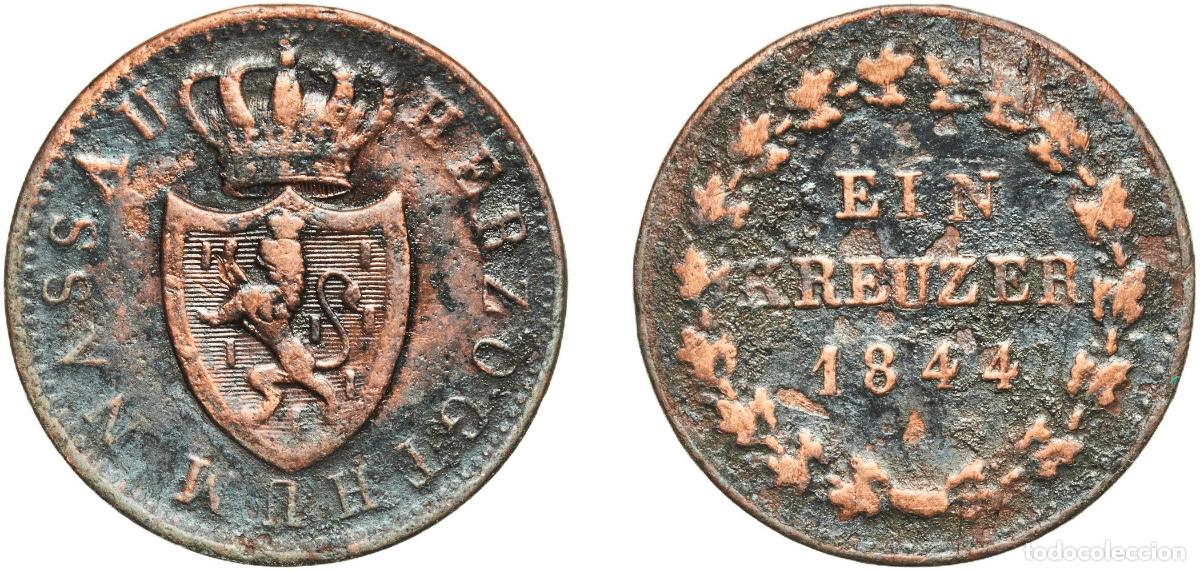 Monedas antiguas de Europa: Germany Duchy of Nassau German states 1844 1 Kreuzer - Adolph Copper Wiesbaden Mint (188100) 3.78g