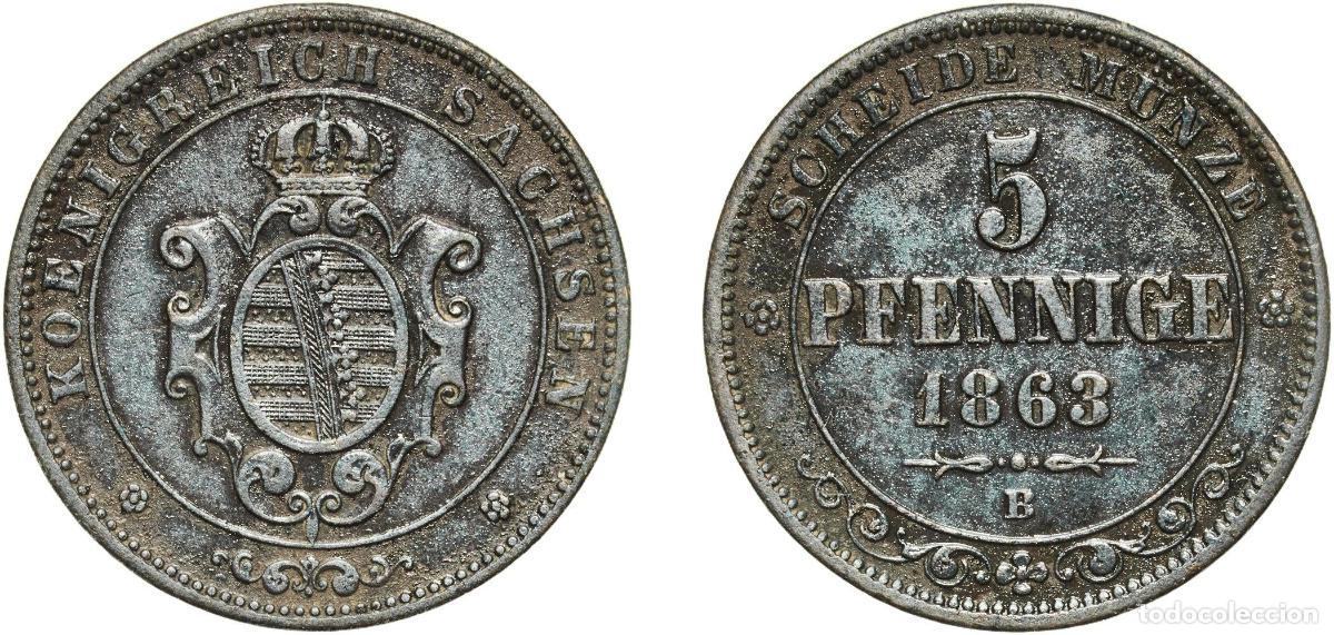 Monedas antiguas de Europa: Germany Kingdom of Saxony German states 1863 B 5 Pfennige - John Copper Dresden Mint (693000) 7.33g