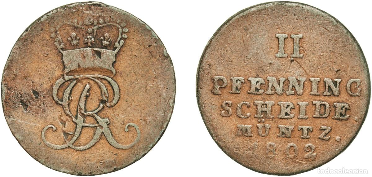 Monedas antiguas de Europa: Germany Brunswick-L&uuml;neburg-Calenberg-Hannover German states 1802 2 Pfennig - George III Copper Clau