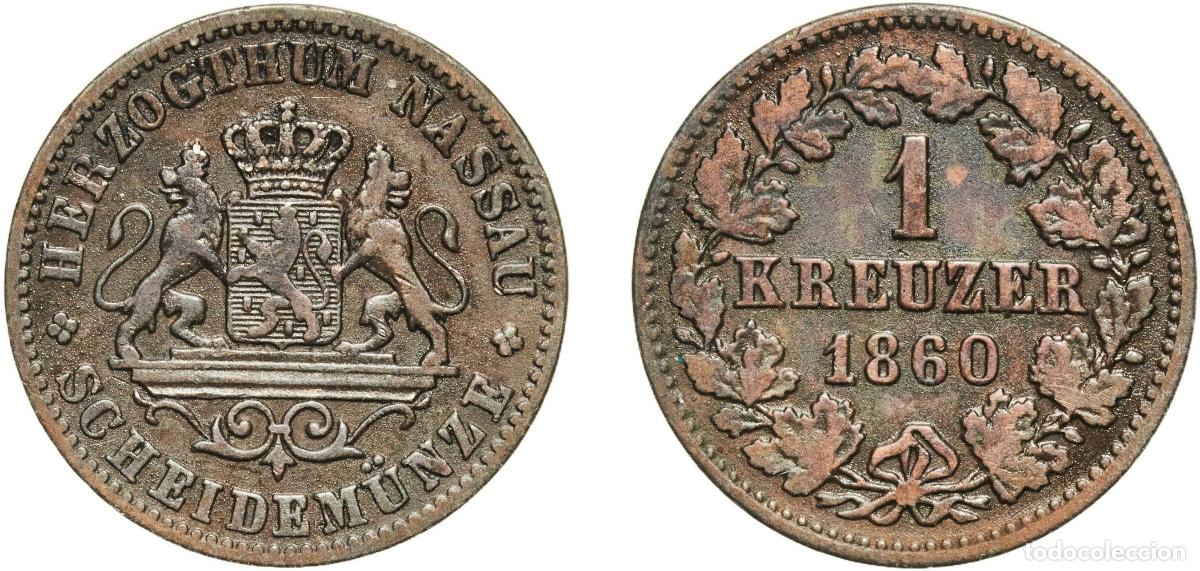 Monedas antiguas de Europa: Germany Duchy of Nassau German states 1860 1 Kreuzer - Adolphe Copper Wiesbaden Mint (609650) 4.26g