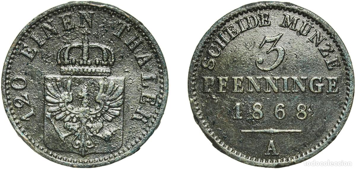 Monedas antiguas de Europa: Germany Kingdom of Prussia Kingdom of Prussia Second Empire 1868 A 3 Pfenninge - William I Copper B