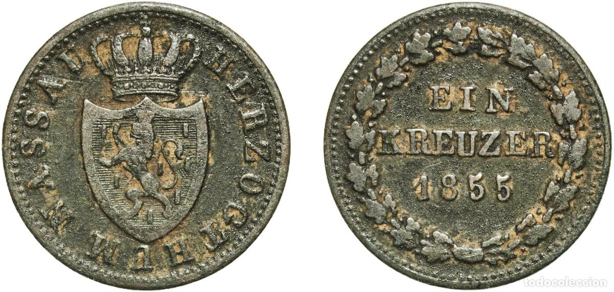 Monedas antiguas de Europa: Germany Duchy of Nassau German states 1855 1 Kreuzer - Adolph Copper Wiesbaden Mint 3.67g VF AKS 7