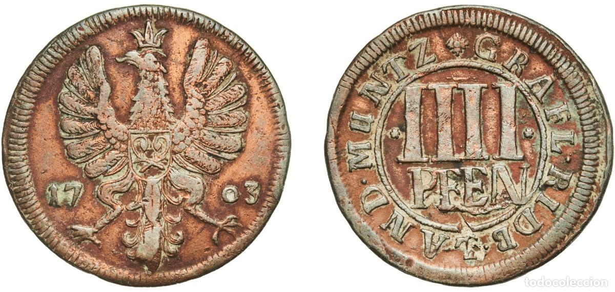 Monedas antiguas de Europa: Germany Rietberg, County of German states 1703 4 Pfennig - Maximilian Ulrich of Kaunitz Copper 4.21