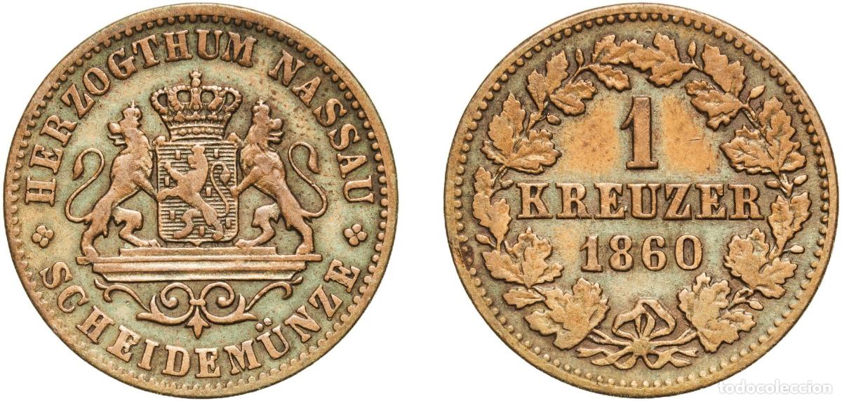 Monedas antiguas de Europa: Germany Duchy of Nassau German states 1860 1 Kreuzer - Adolphe Copper Wiesbaden Mint (609650) 4.2g