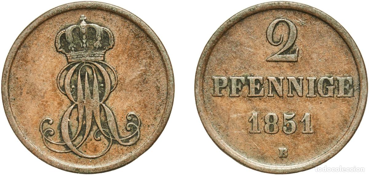 Monedas antiguas de Europa: Germany Kingdom of Hannover Kingdom of Hannover German States 1851 B 2 Pfennige - Ernest August Cop