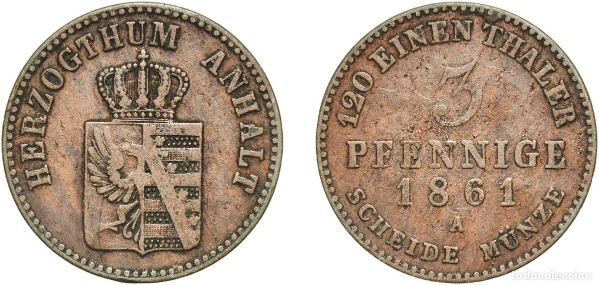 Monedas antiguas de Europa: Germany Duchy of Anhalt-Bernburg German states 1861 A 3 Pfennige - Alexander Charles and Leopold F
