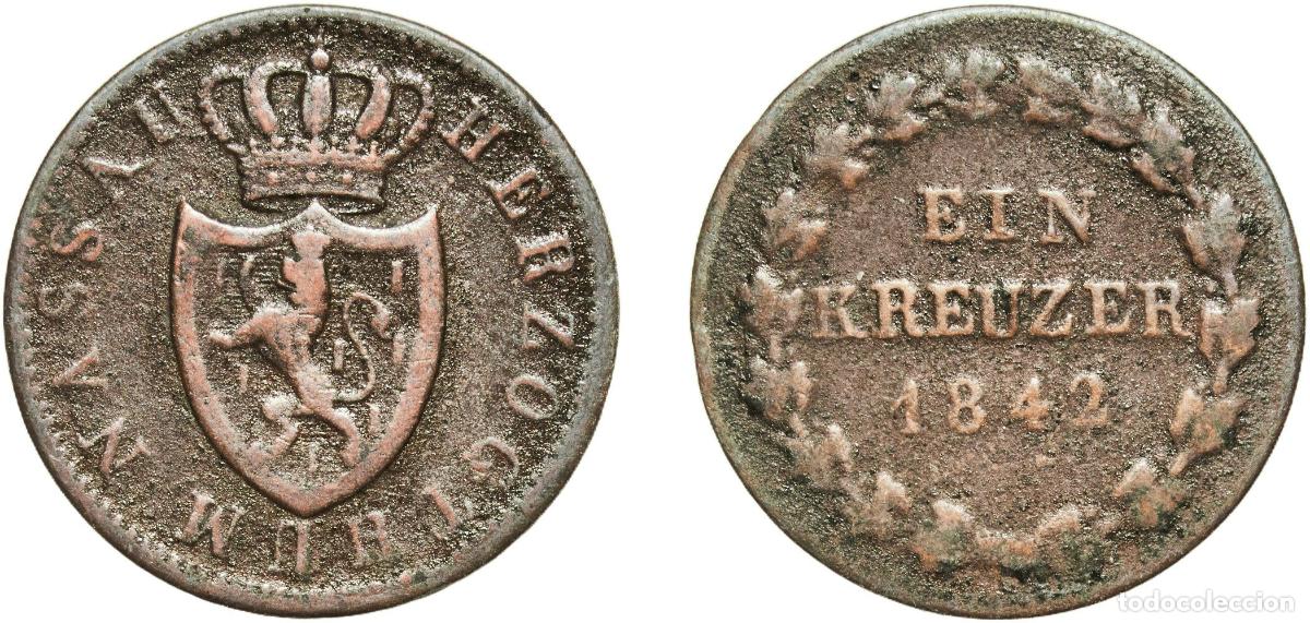 Monedas antiguas de Europa: Germany Duchy of Nassau German states 1842 1 Kreuzer - Adolph Copper Wiesbaden Mint (479800) 3.44g