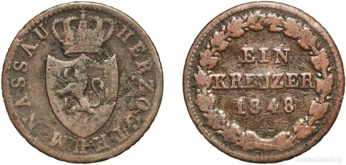 Monedas antiguas de Europa: Germany Duchy of Nassau German states 1848 1 Kreuzer - Adolph Copper Wiesbaden Mint (248500) 3.54g