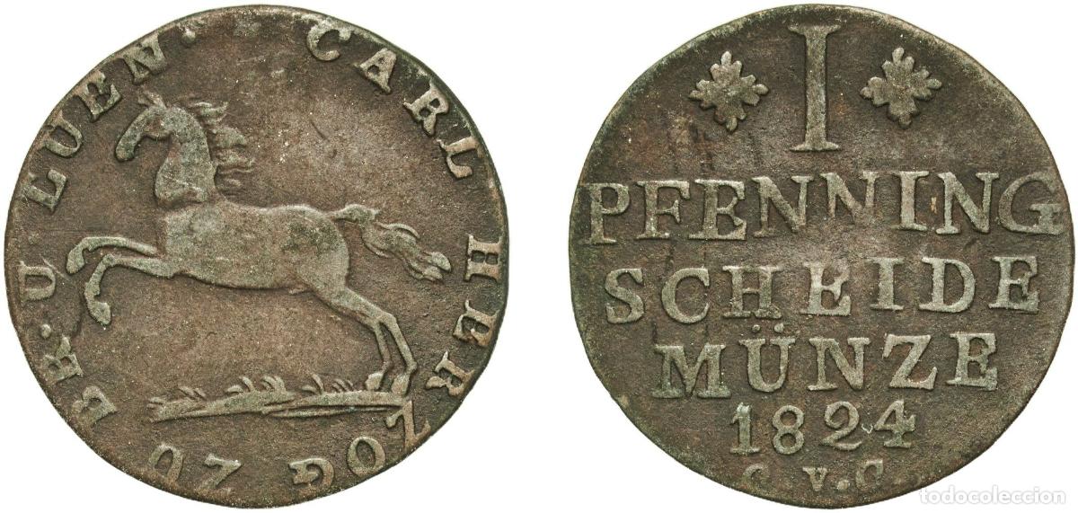 Monedas antiguas de Europa: Germany Duchy of Brunswick German states 1824 CvC 1 Pfenning - Charles II Copper Brunswick / Brauns