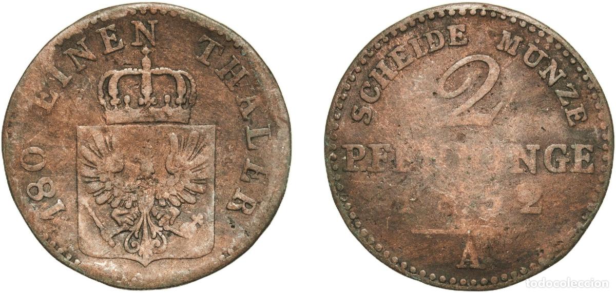 Monedas antiguas de Europa: Germany Kingdom of Prussia Kingdom of Prussia Second Empire 1852 A 2 Pfenninge - Friedrich Wilhelm
