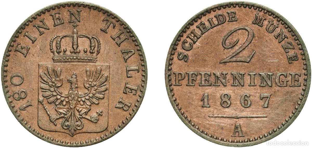 Monedas antiguas de Europa: Germany Kingdom of Prussia Kingdom of Prussia Second Empire 1867 A 2 Pfenninge - William I Copper B