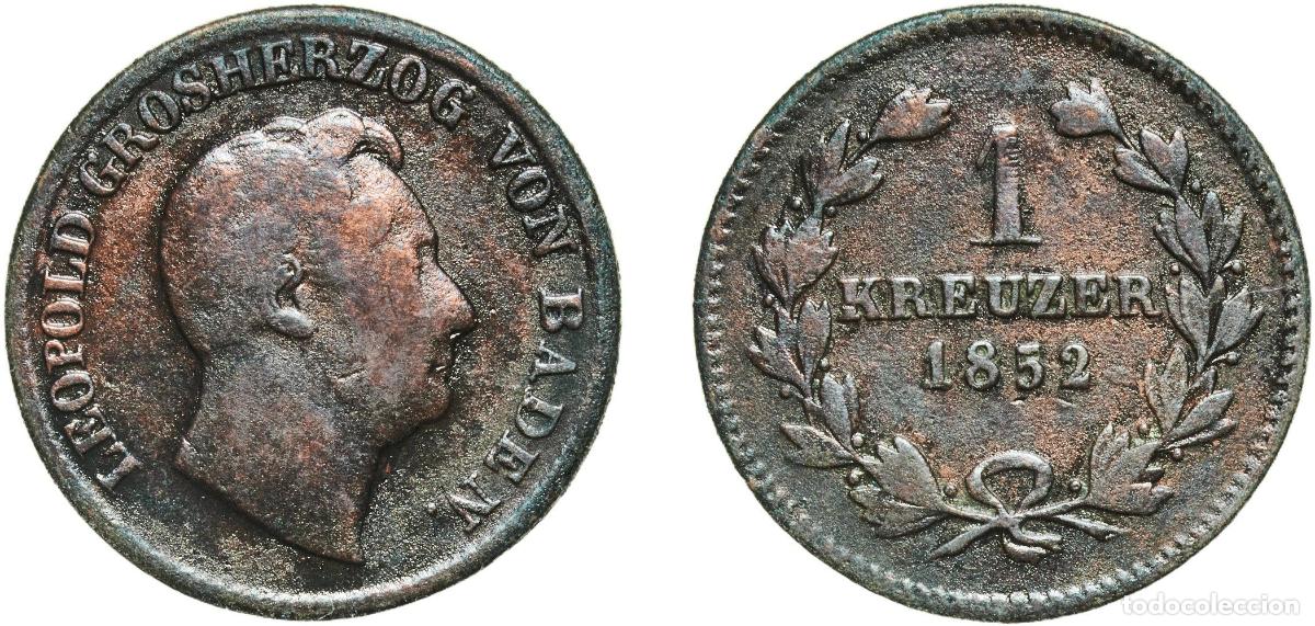 Monedas antiguas de Europa: Germany Grand Duchy of Baden German states 1852 1 Kreuzer - Leopold I Copper Staatliche M&uuml;nze Baden