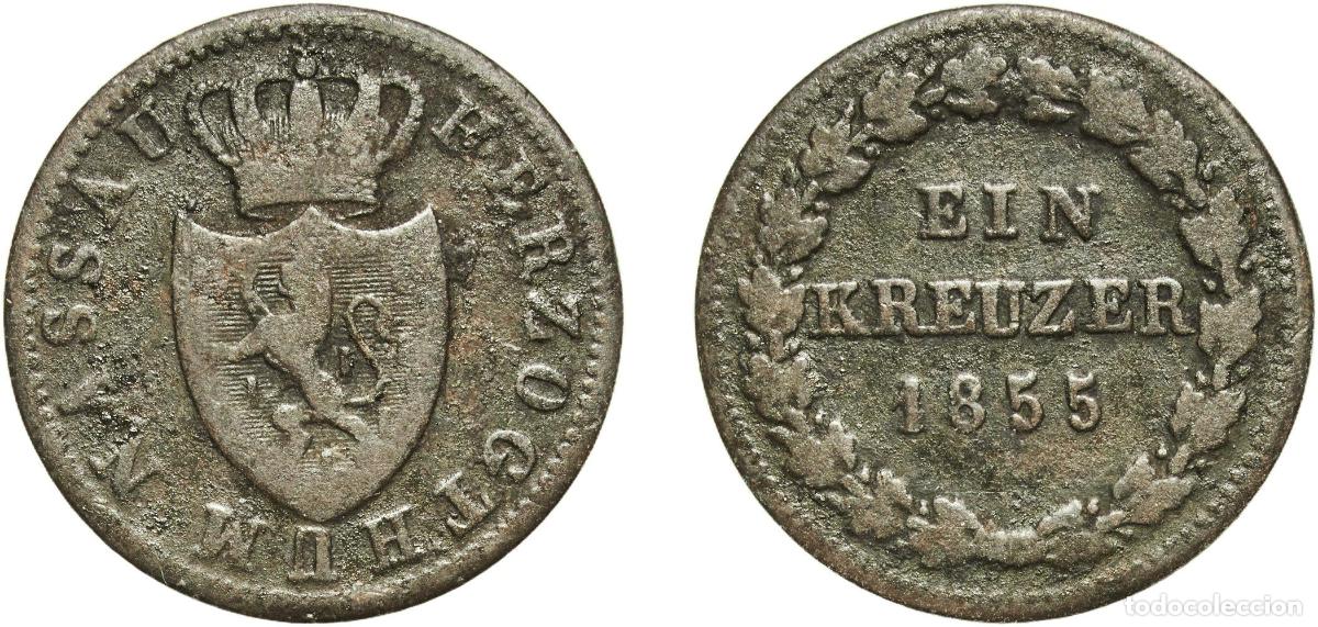 Monedas antiguas de Europa: Germany Duchy of Nassau German states 1855 1 Kreuzer - Adolph Copper Wiesbaden Mint 3.59g VF AKS 7