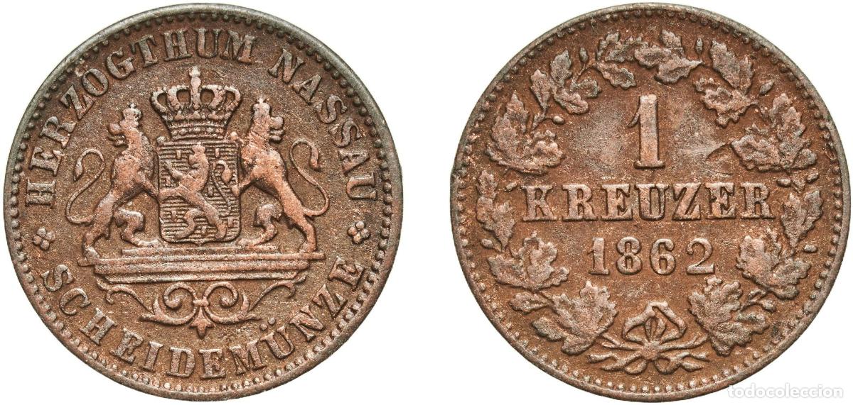 Monedas antiguas de Europa: Germany Duchy of Nassau German states 1862 1 Kreuzer - Adolphe Copper Wiesbaden Mint (609990) 4.06g
