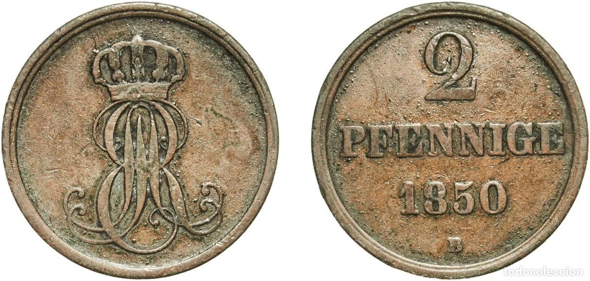 Monedas antiguas de Europa: Germany Kingdom of Hannover Kingdom of Hannover German States 1850 B 2 Pfennige - Ernest August Cop