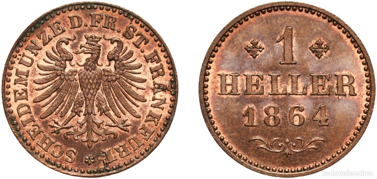 Monedas antiguas de Europa: Germany Free imperial city of Frankfurt German states 1864 1 Heller Original luster Copper (390000)