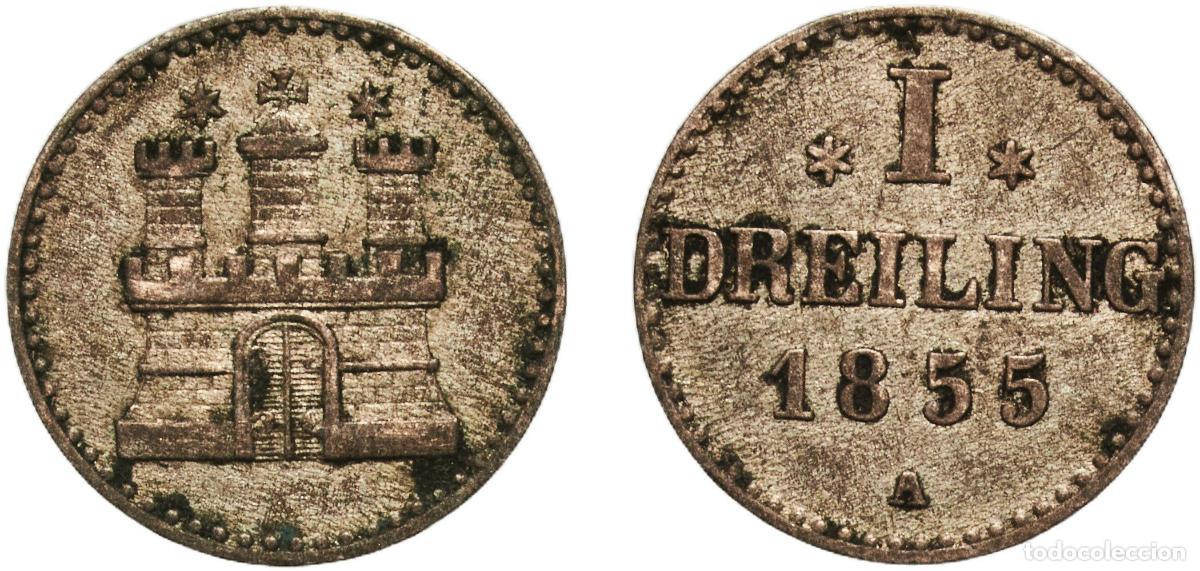 Monedas antiguas de Europa: Germany Free Hanseatic city of Hamburg German states 1855 A 1 Dreiling Billon (.187 silver) (320000