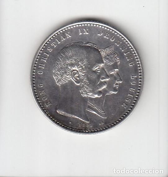Monedas antiguas de Europa: DINAMARCA. Moneda de 2 Kr. de Plata 'BODAS DE ORO' de 1892. Muy rara. Sin circular.
